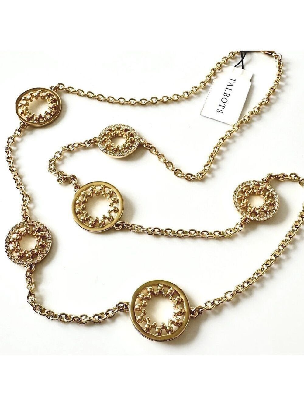 TALBOTS Gold Circle Station Necklace Pave Crystal Accents NWT
